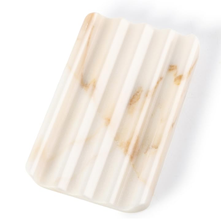 Koville Natural Marble Soap Dish for Shower, Stone Soap Tray for Bathroom, Bar Soap Holder for Sink, Stripe Grooves Saver Stone Dish Tray Keep Bars Dry Easy Clean(Palissandro Classico)