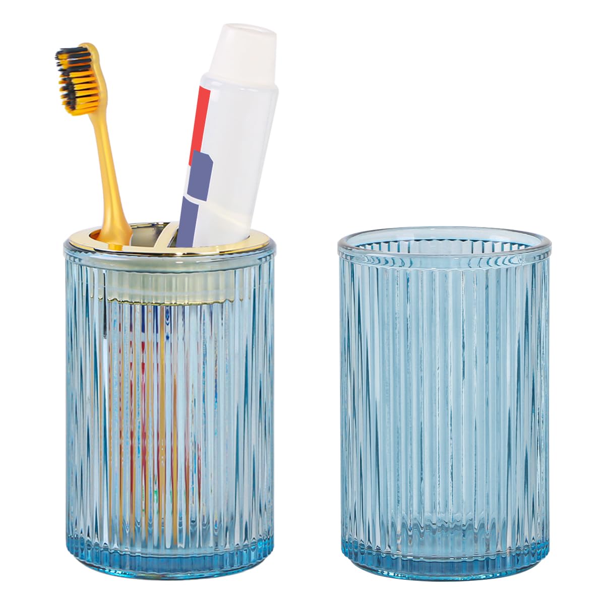 Toothbrush Holders for Bathrooms, 2pcs Glass Toothbrush Holder, 12oz Bathroom Tumbler and Mouthwash Cup, Tooth Brush and Toothpaste Organizer for Bathroom Vanity Countertop (Green Gold)