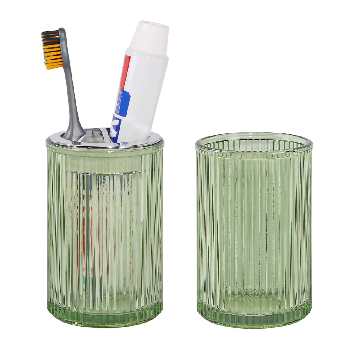 Toothbrush Holders for Bathrooms, 2pcs Glass Toothbrush Holder, 12oz Bathroom Tumbler and Mouthwash Cup, Tooth Brush and Toothpaste Organizer for Bathroom Vanity Countertop (Green Gold)