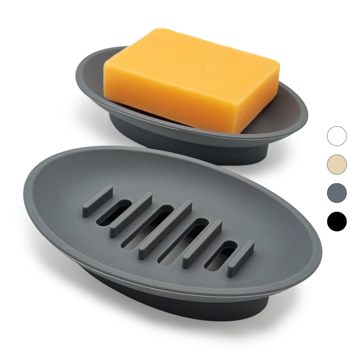 2 Pack Silicone Bar Soap Holder for Shower, Self-Draining Black Soap Dish Tray for Bathroom Sink, Kitchen Counter, Shower Niche/Shelf, Bathtub, Easy Cleaning Simple Oval Soap Saver Stand