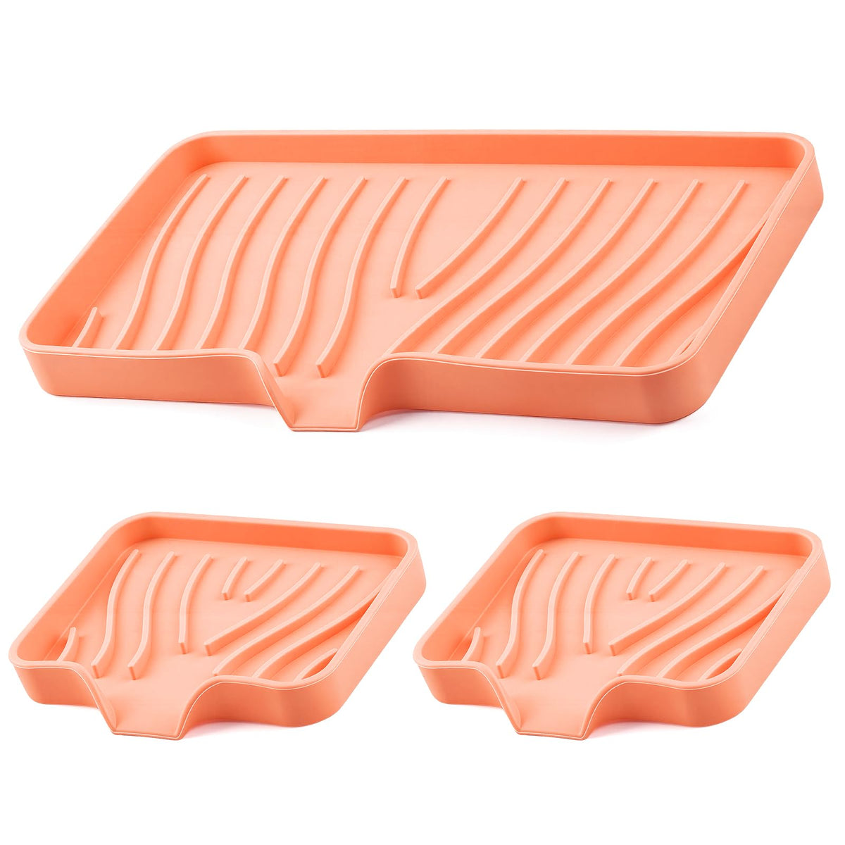 Silicone Soap Dish with Drain Spouts, Bar Soap Holder, Self-Draining Sink Organizer Kitchen Sponge Tray, Non-Slip Dispensers for Bathroom, Kitchen (Grey, 2 Short)