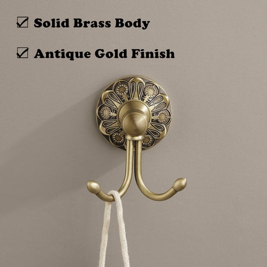 Antique Brass Towel Hook, Wall Mounted Bathroom Hook for Clothing & Robe Hanger, Screws Install Shower Wall Hook, Vintage Gold Brass Petal-Relief Series Longhorn Double Hook