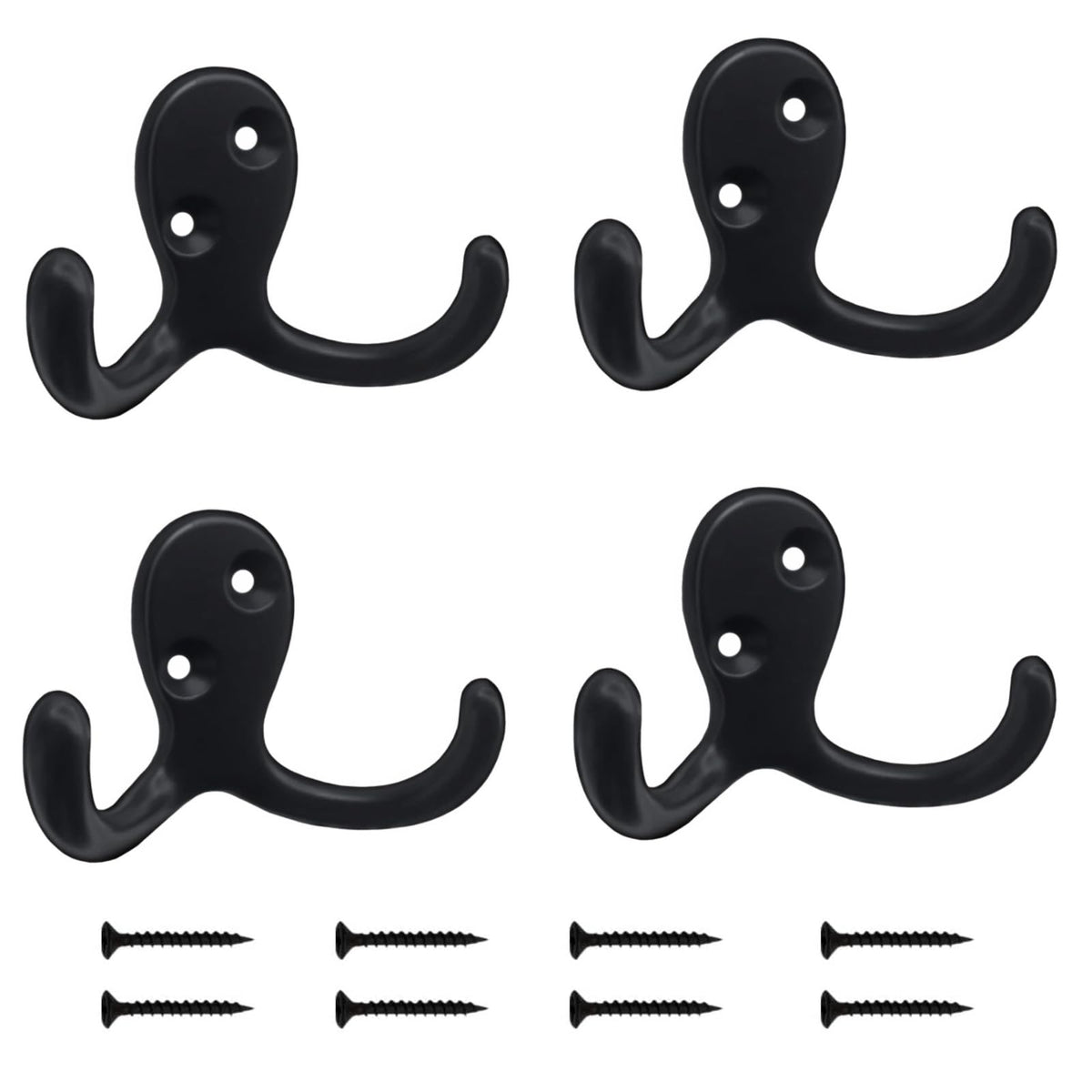 Kruodop 4 Pack Wall Hooks Wall Mounted Coat Hooks for Hanging Heavy Duty, Black Towel Hooks, Metal Double Coat Hanger with Screws Cup Retro for Coats, Handbags, Towels, Hat