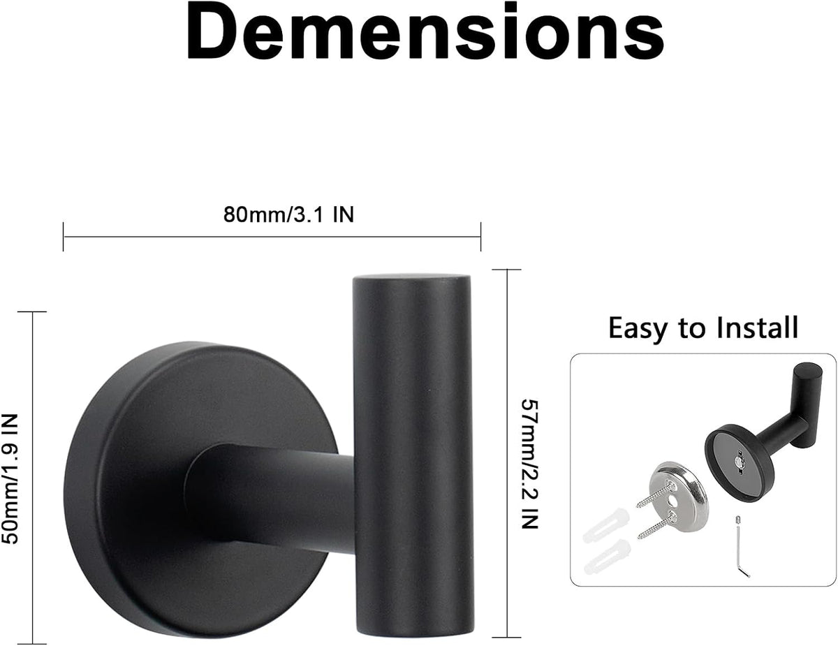 NearMoon Bath Towel Hooks- SUS 304 Stainless Steel Robe Hook Holder, Heavy Duty Coat Hook for Bathroom Livingroom Hotel Kitchen Garage, Wall Mounted (Matte Black, 4 Pack)