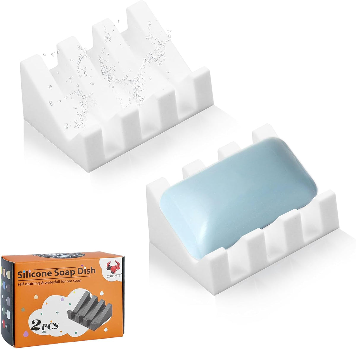 Self Draining Soap Dish Holder,Silicone Soap Dish,for Bathroom,Kitchen, Sponges,Can Extend Soap Life,Keep Soap Bars Dry and Easy Cleaning (White,2-Pack)