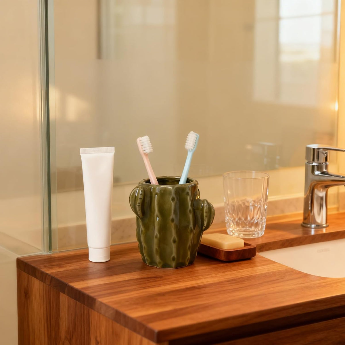Ceramic Cactus Green Toothbrush Holder,Western Fun Bathroom Decor