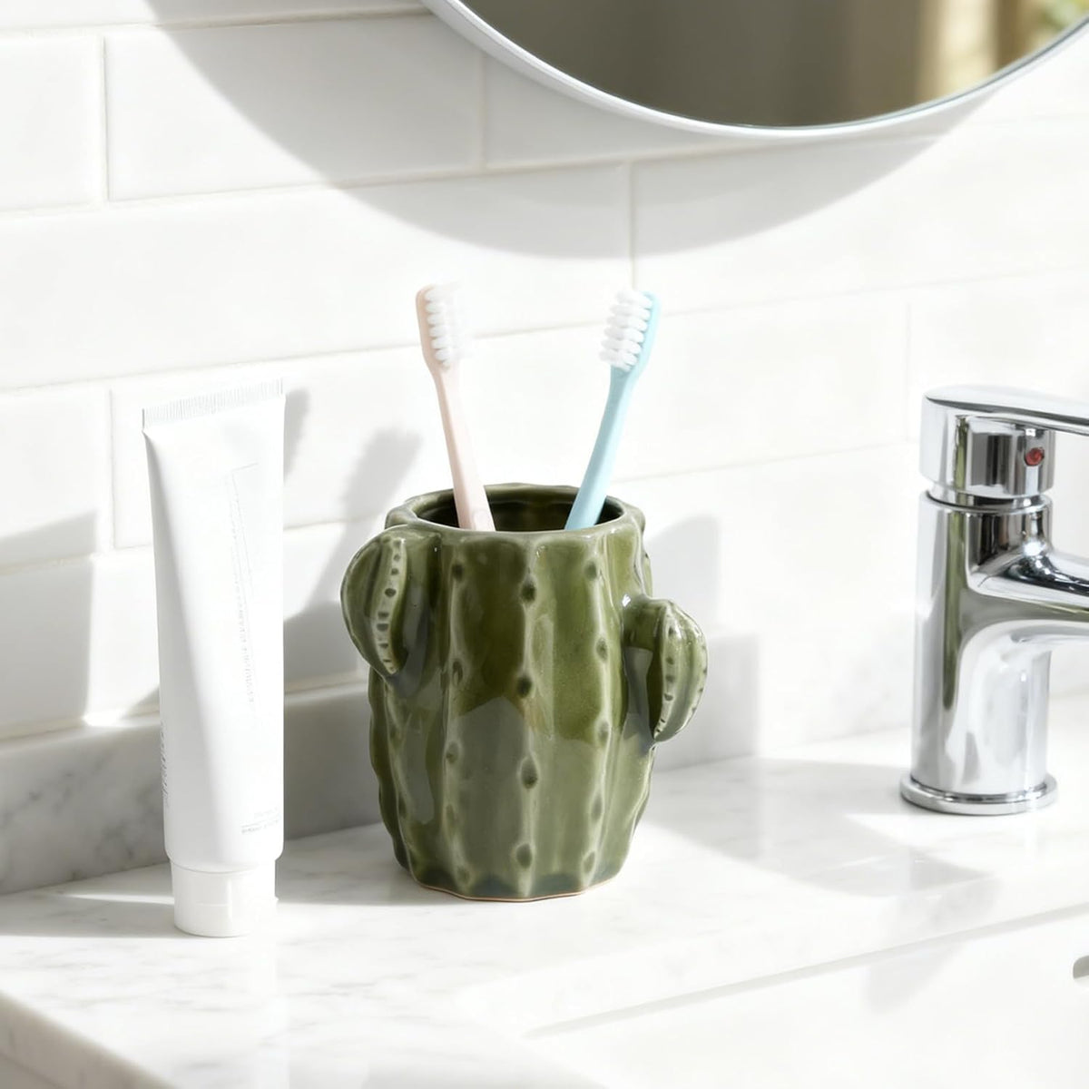 Ceramic Cactus Green Toothbrush Holder,Western Fun Bathroom Decor