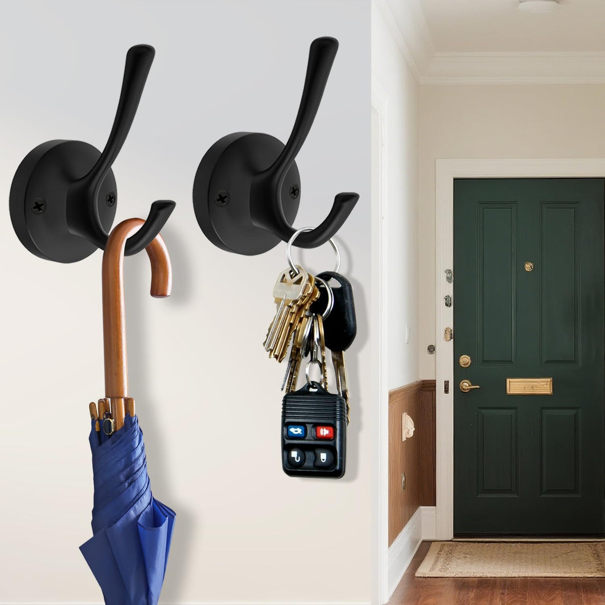 TOFIIGREM Black Towel Hooks, 2 Pack Coat Robe Hook Heavy Duty Metal Double Bathrobe Hook Wall Mounted, Hand Towels Hooks for Cubicle Bathroom Kitchen Closet Garage