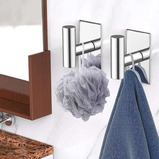 VAEHOLD Wall Towel Hooks, Heavy Duty Sticky Holder Waterproof Towel Hooks for Hanging Coat, Clothes, Closet Hook Wall Mount for Kitchen (Chrome, 2 Pack)