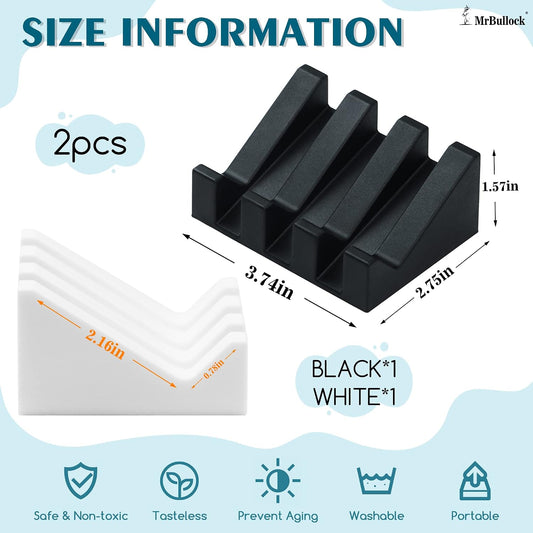 Self Draining Silicone Soap Dish Holder Waterfall Tray, 2 Pack Black White