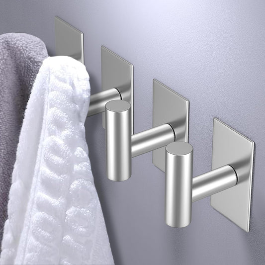 VAEHOLD Wall Towel Hooks, Heavy Duty Sticky Holder Waterproof Towel Hooks for Hanging Coat, Clothes, Closet Hook Wall Mount for Kitchen (Silver, 4 Pack)