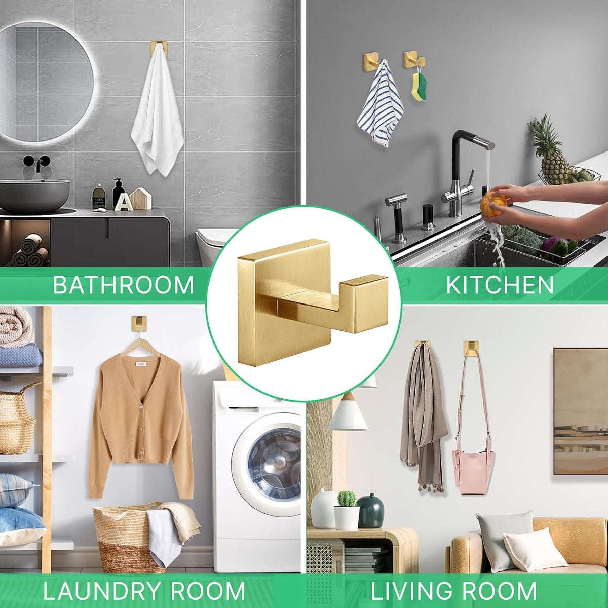 Heavy Duty Stainless Steel Towel Hooks, Wall Mounted Square Robe Hooks for Bathroom, Kitchen, Bedroom, Hotel Brushed Gold 2 Pack