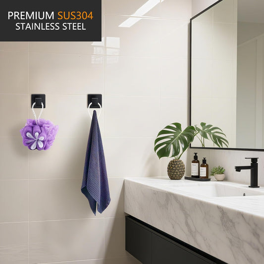 Nolimas Towel Hook Stainless Steel Bathroom Rustproof Clothes Towel Coat Hook Wall Mounted Square Toilet Kitchen, Heavy Duty Door Hanger, 2 Pack, Matte Black