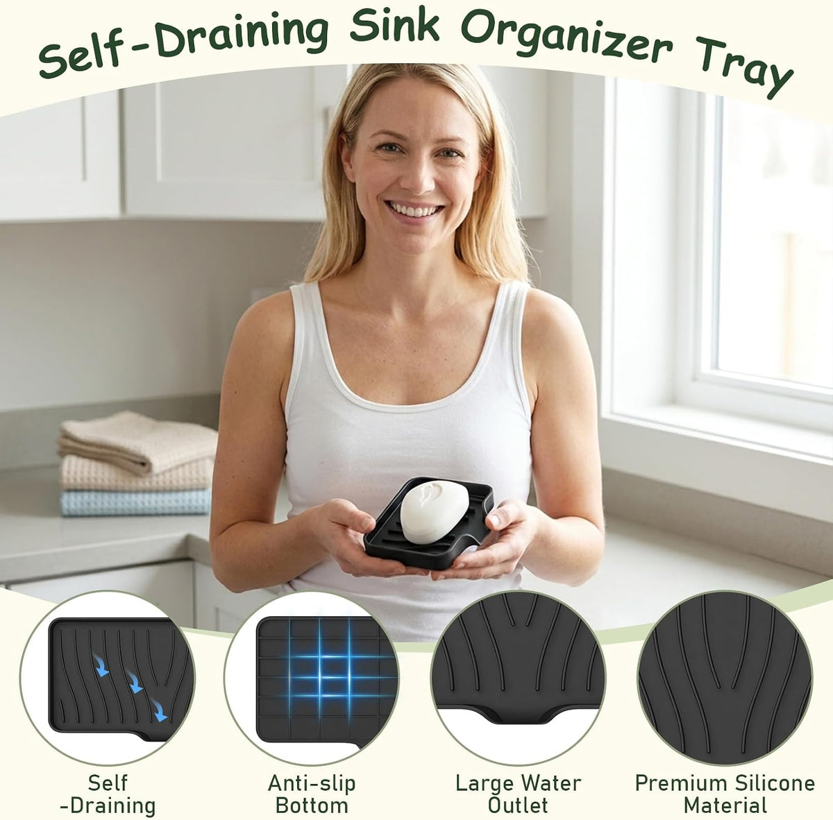 Silicone Soap Dish with Drain Spouts, Bar Soap Holder, Self-Draining Sink Organizer Kitchen Sponge Tray, Non-Slip Dispensers for Bathroom, Kitchen (Grey, 2 Short)