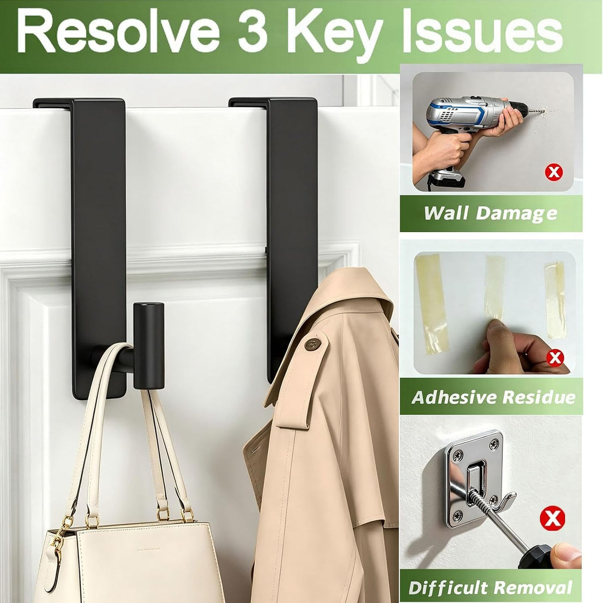 Stainless Steel Over The Door Hooks Heavy Duty, Bathroom Towel Holder Door Mount Coat Rack Towel Rack for Bedroom, Doors Hangers Towel Hooks for Bathroom Dorm Essentials (Black, 2 Pack)