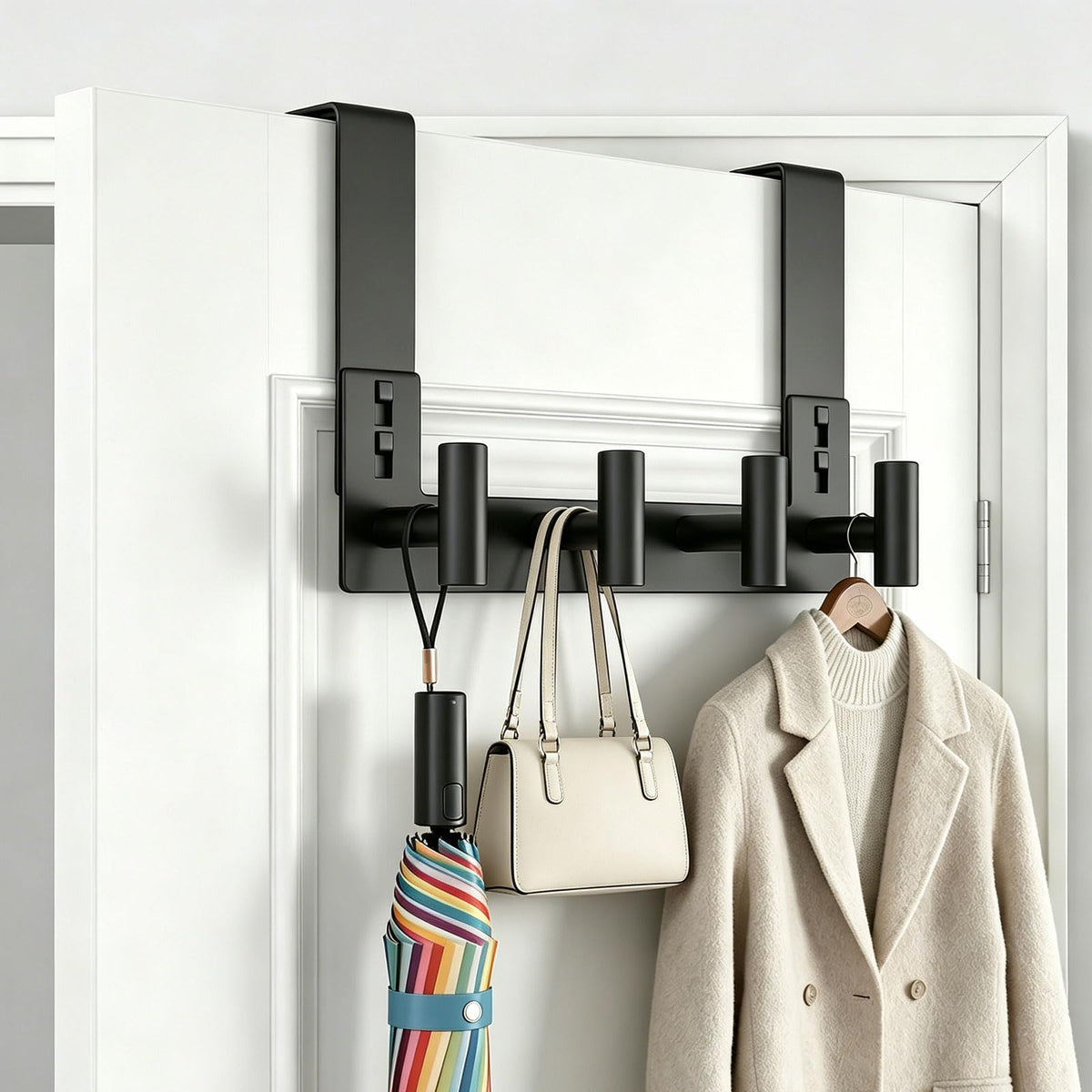 Stainless Steel Over The Door Hooks Heavy Duty, Bathroom Towel Holder Door Mount Coat Rack Towel Rack for Bedroom, Doors Hangers Towel Hooks for Bathroom Dorm Essentials (Black, 2 Pack)