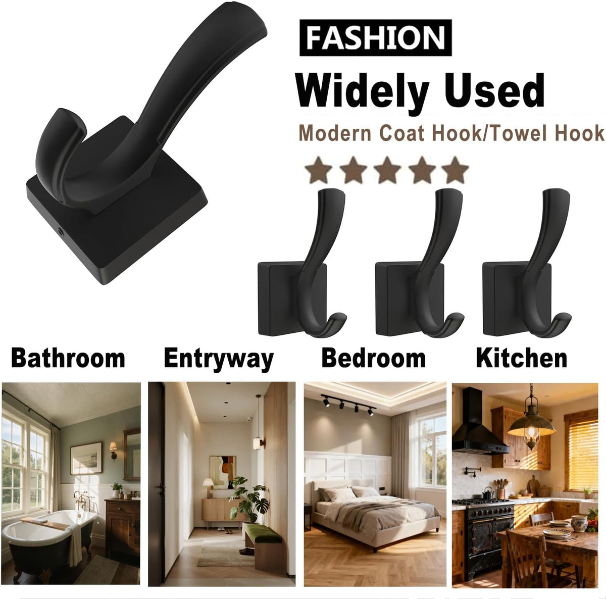 TOFIIGREM Black Towel Hooks, Coat Robe Hooks Bathroom Entryway Mudroom Pool Hooks for Wall Mount Hanging Towels Bathrobe Key Hat Backpack (2 Pack, Black)