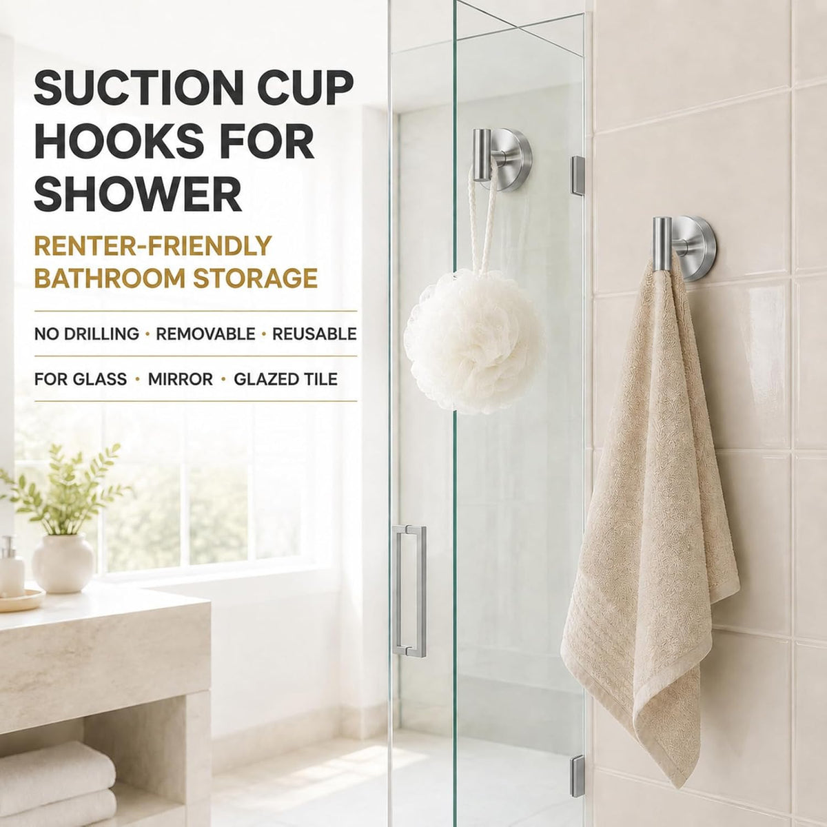 Suction Cup Hooks for Shower - Bathroom Reusable Towel Hooks
