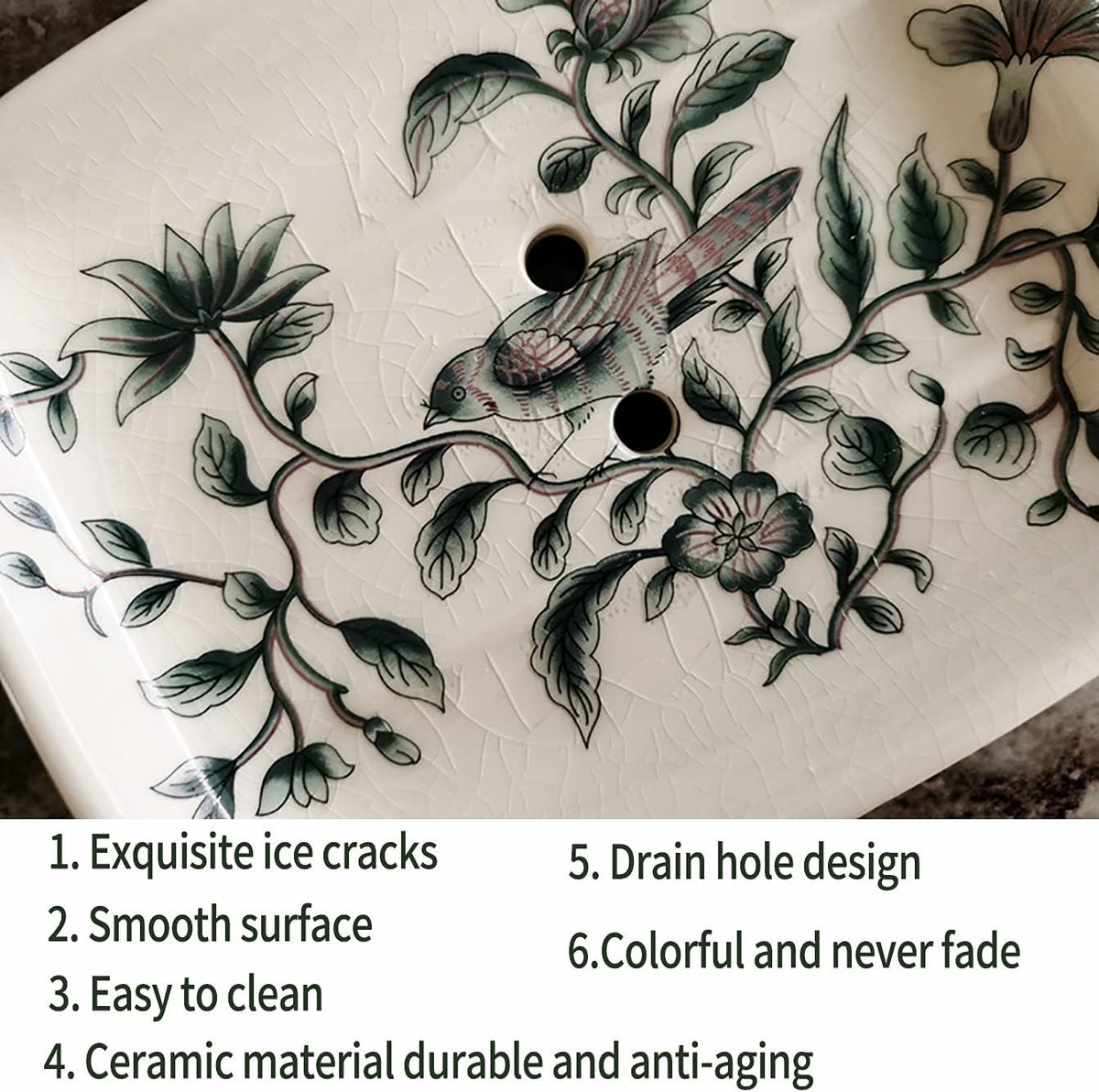 Kelake Ceramic Soap Dish, Ice Crack Ceramic Bird and Flower Pattern Soap Dish Holder for Bathroom, Creative Porcelain Shower Soap Tray Box Bath Accessories with Two Drain Holes