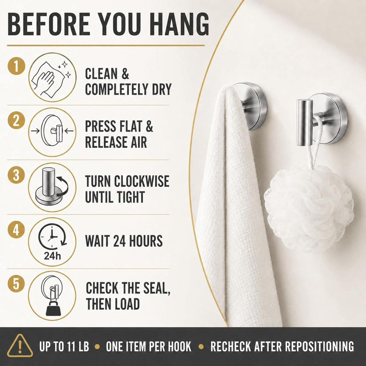 Suction Cup Hooks for Shower - Bathroom Reusable Towel Hooks