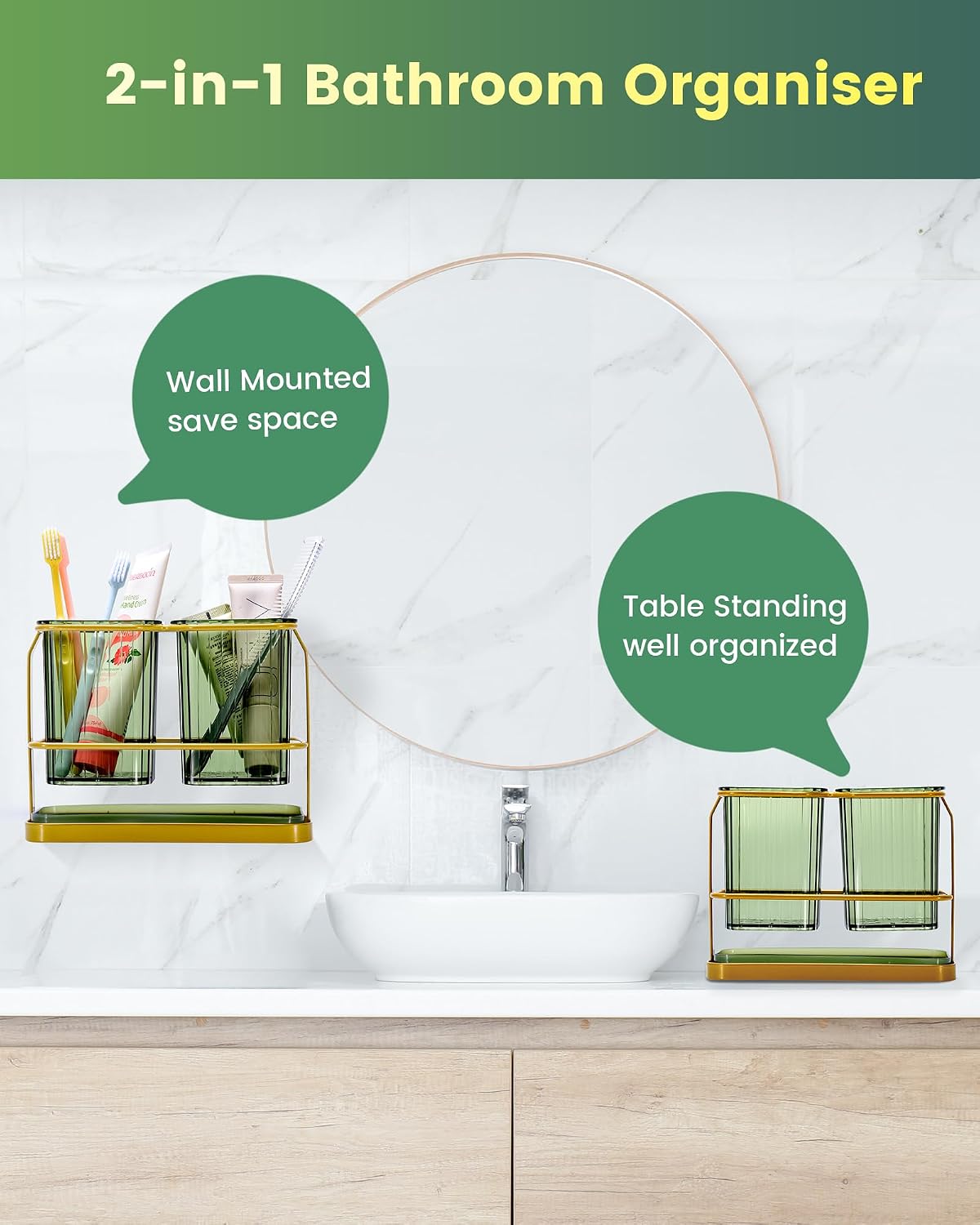 KONE Green Toothbrush Holders for Bathrooms, 2 Cups Toothbrush Holders Wall Mounted, Dry & Wet Separation, Bathroom Organizers and Storage, Bathroom Toothbrush Holder Set for Family Kids