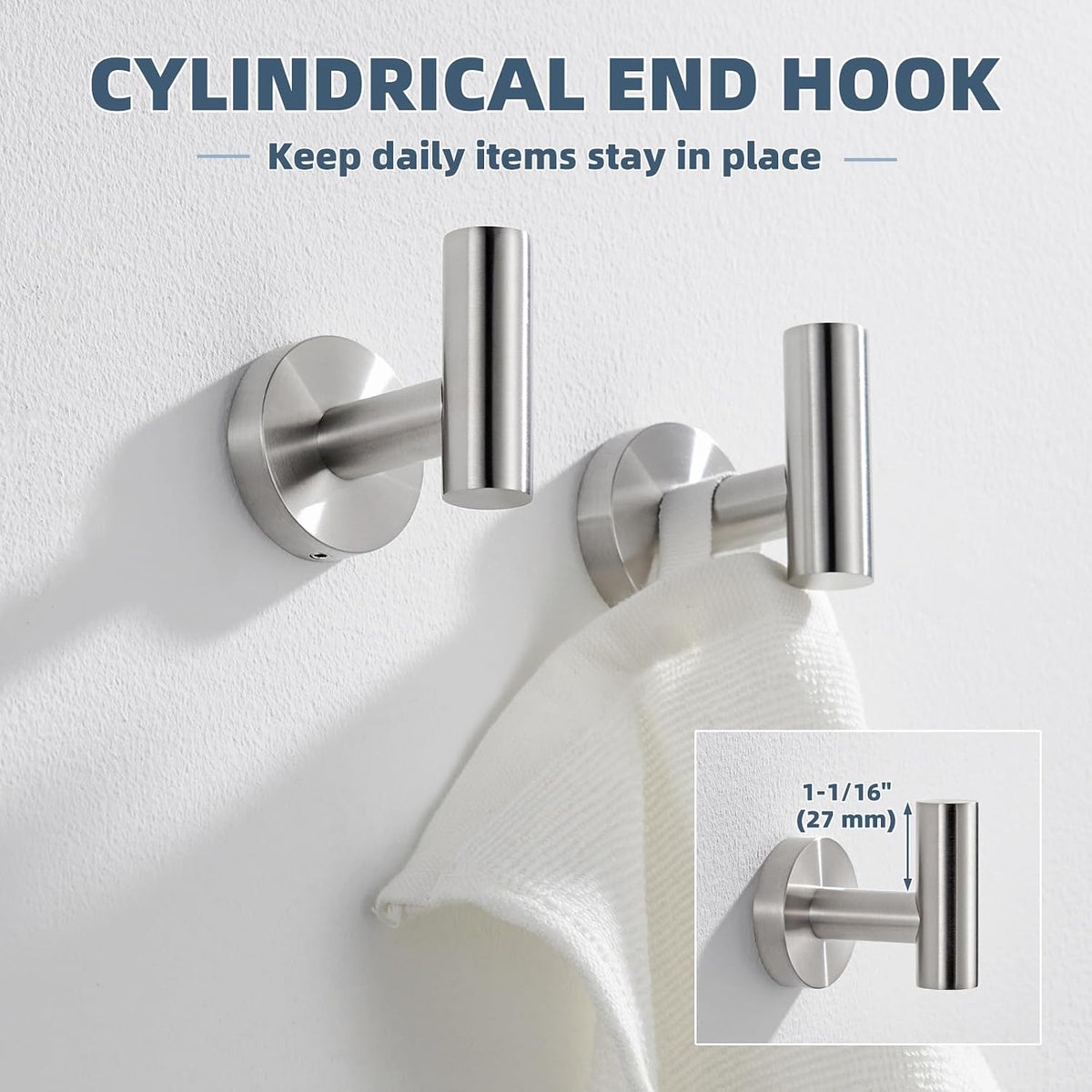 APLusee Brushed Nickel Bathroom Towel Hooks, 2 Pack, 304 Stainless Steel