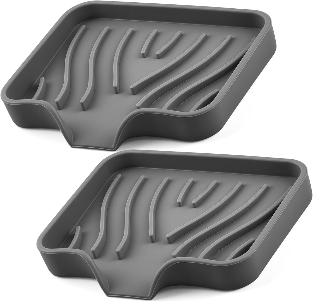 Silicone Soap Dish with Drain Spouts, Bar Soap Holder, Self-Draining Sink Organizer Kitchen Sponge Tray, Non-Slip Dispensers for Bathroom, Kitchen (Grey, 2 Short)