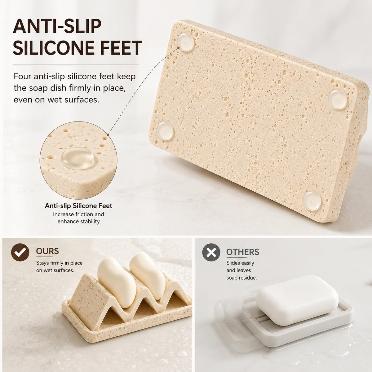 Faux Travertine Soap Dish, Quick-Dry Beige with Removable Drip Tray