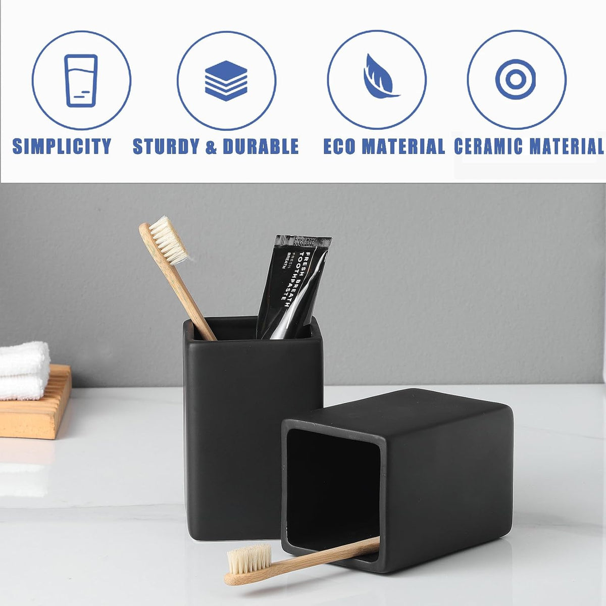 Ceramic Black Square Toothbrush Holder for Bathrooms - 1 Cup Square Toothbrush Toothpaste Holders, Bathroom Tumbler Cup Reusable Toothbrush Mouthwash Cup, Bathroom Counter Organizer.