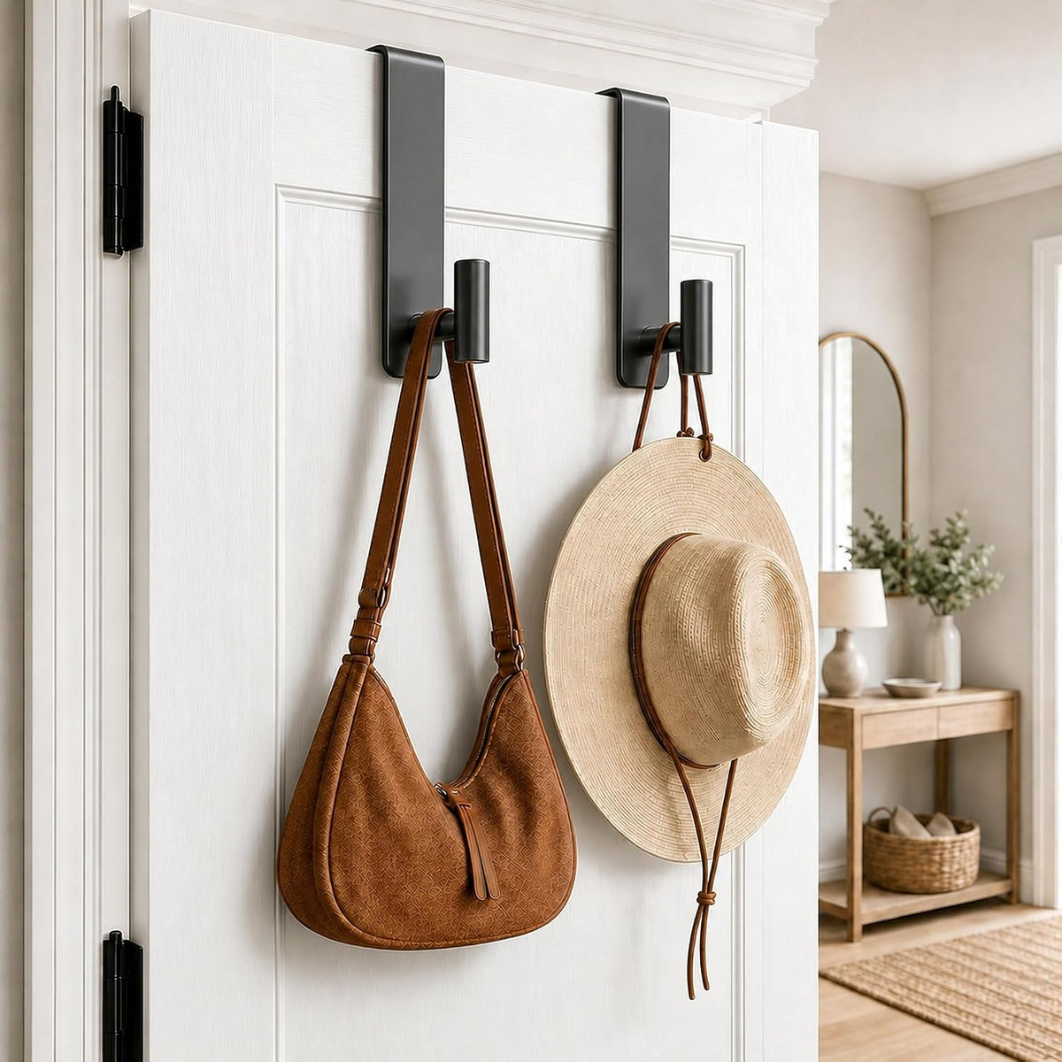 Stainless Steel Over The Door Hooks Heavy Duty, Bathroom Towel Holder Door Mount Coat Rack Towel Rack for Bedroom, Doors Hangers Towel Hooks for Bathroom Dorm Essentials (Black, 2 Pack)