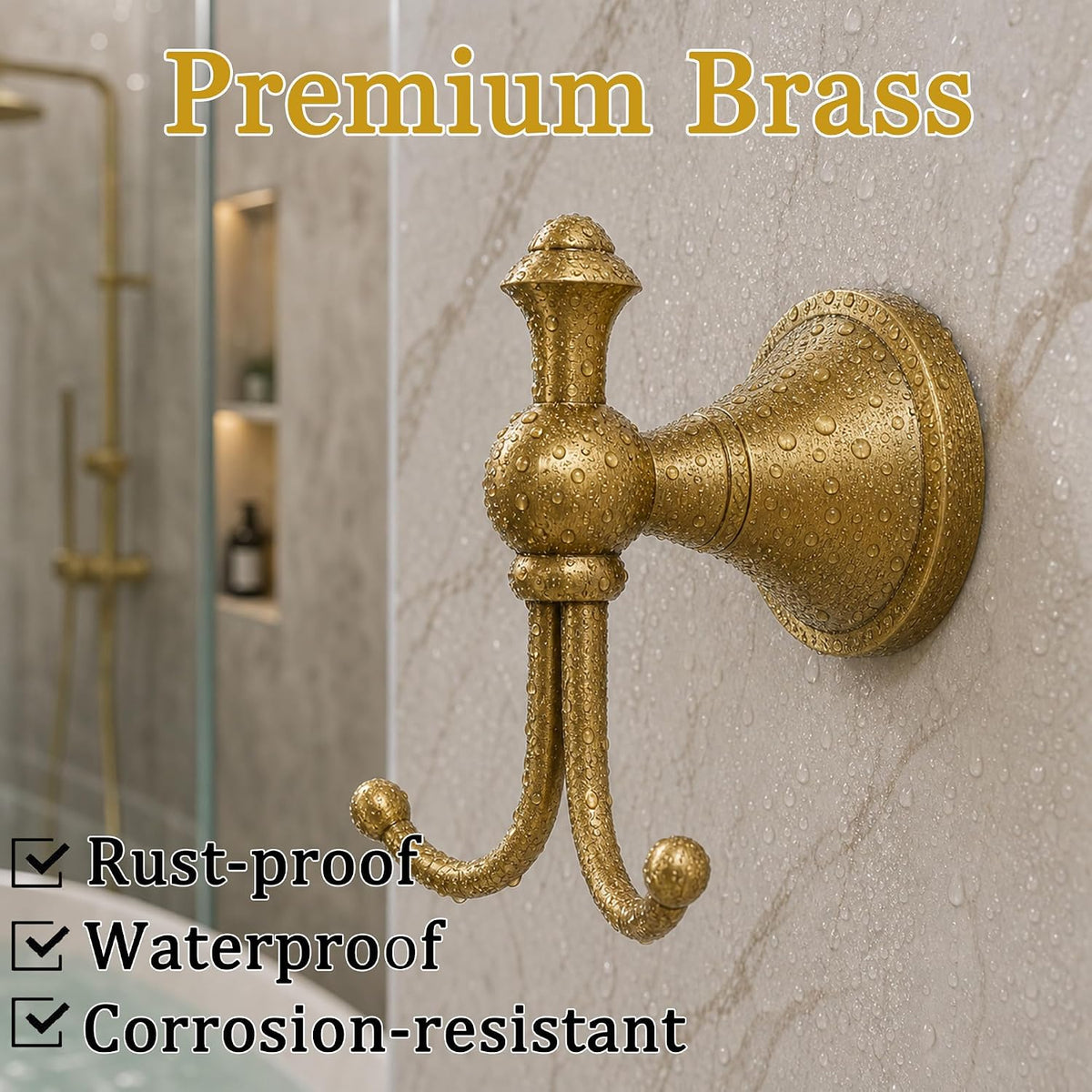 2 Pack Antique Gold Brass Wall-Mounted Bathroom Hooks for Towels and Robes