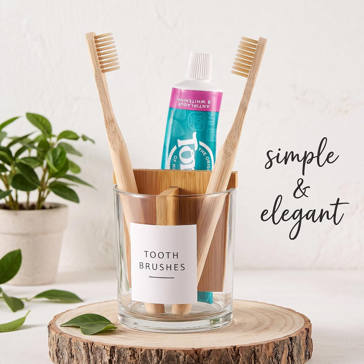 Glass Toothbrush and Toothpaste Holder with Bamboo Divider for Bathroom Countertop, Toothbrush Organizer Stand for Bathroom Vanity Countertops - 1 Pack
