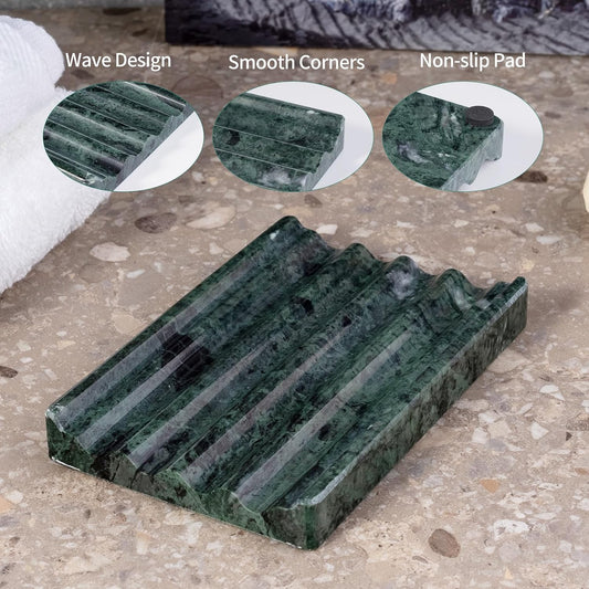 Karibiber Soap Holder, Marble Soap Dish for Shower, Green Bar Soaps Holder with Water Ripple Design, Easy Cleaning Soaps Saver for Kitchen Sink,Bathroom, Executive Indian Natural Stone Soap Tray