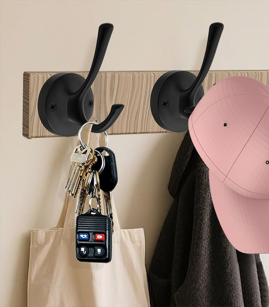 TOFIIGREM Black Towel Hooks, 2 Pack Coat Robe Hook Heavy Duty Metal Double Bathrobe Hook Wall Mounted, Hand Towels Hooks for Cubicle Bathroom Kitchen Closet Garage