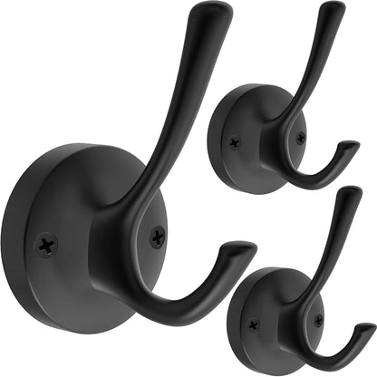 TOFIIGREM Black Towel Hooks, 2 Pack Coat Robe Hook Heavy Duty Metal Double Bathrobe Hook Wall Mounted, Hand Towels Hooks for Cubicle Bathroom Kitchen Closet Garage