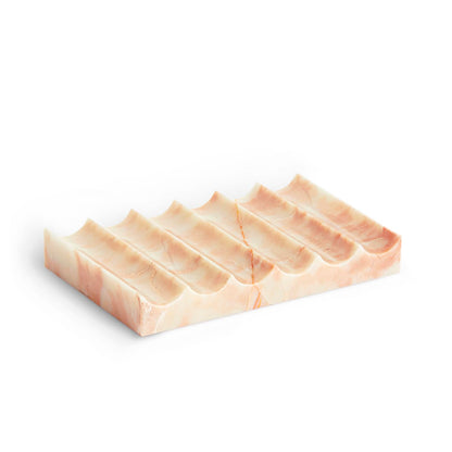 Luxurious Marble Soap Dish Jewelry Ring Tray - Rectangle Stone Soap Tray & Saver for Shower – Self Draining Soap Holder for Bathroom, Kitchen, Beige Travertine (Pink/Cream Rose)