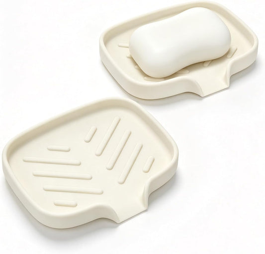 2PCS Silicone Soap Dish with Drain Spout for Shower Bathroom Kitchen