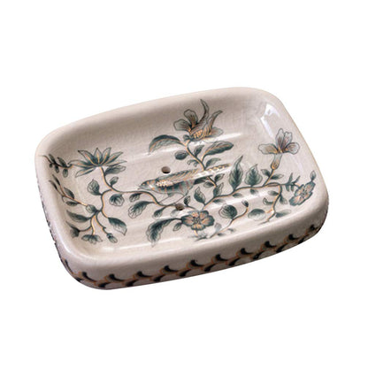 Kelake Ceramic Soap Dish, Ice Crack Ceramic Bird and Flower Pattern Soap Dish Holder for Bathroom, Creative Porcelain Shower Soap Tray Box Bath Accessories with Two Drain Holes