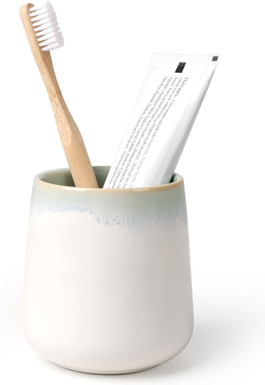 BosilunLife Bathroom Toothbrush Holder (White＆Blue-Green, Rounded Base)