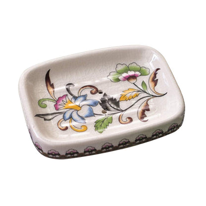 Kelake Ceramic Soap Dish, Ice Crack Ceramic Bird and Flower Pattern Soap Dish Holder for Bathroom, Creative Porcelain Shower Soap Tray Box Bath Accessories with Two Drain Holes