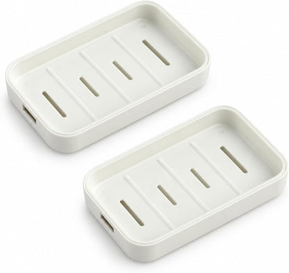 2 Pack Plastic Soap Dish with Drainage, Self-Draining Soap Holder for Bathroom & Kitchen Sink, 2-Layer Soap Saver Tray with Removable Drain Tray, White, 5” x 3.4” x 0.8”