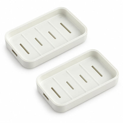 2 Pack Plastic Soap Dish with Drainage, Self-Draining Soap Holder for Bathroom & Kitchen Sink, 2-Layer Soap Saver Tray with Removable Drain Tray, White, 5” x 3.4” x 0.8”