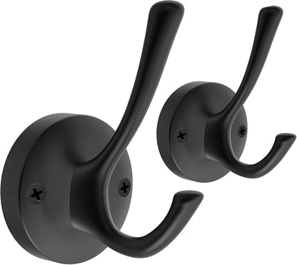 TOFIIGREM Black Towel Hooks, 2 Pack Coat Robe Hook Heavy Duty Metal Double Bathrobe Hook Wall Mounted, Hand Towels Hooks for Cubicle Bathroom Kitchen Closet Garage