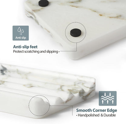 Koville African Natural Marble Soap Dish for Shower, Stone Soap Tray for Bathroom, Bar Soap Holder for Sink, Stripe Grooves Soap Saver Stone Dish Keep Bars Dry Easy Clean (Namib Bianco)