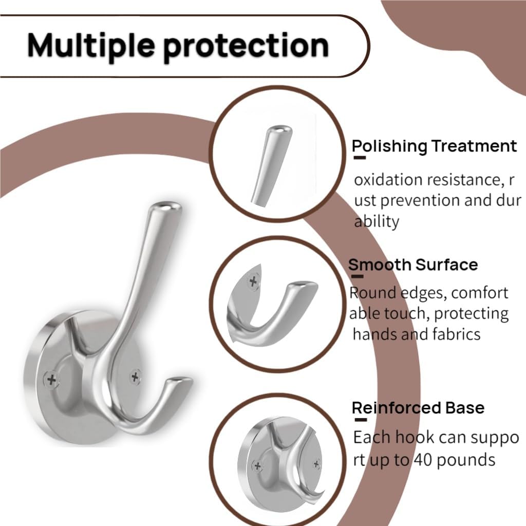 2 Pack Brushed Nickel Heavy Duty Towel Hooks for Bathrooms
