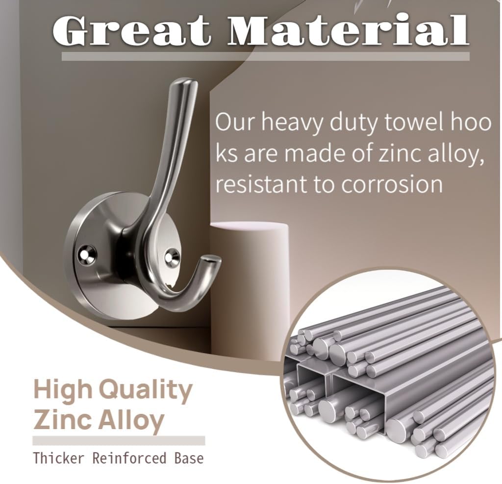 2 Pack Brushed Nickel Heavy Duty Towel Hooks for Bathrooms