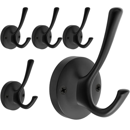TOFIIGREM Black Towel Hooks, 2 Pack Coat Robe Hook Heavy Duty Metal Double Bathrobe Hook Wall Mounted, Hand Towels Hooks for Cubicle Bathroom Kitchen Closet Garage