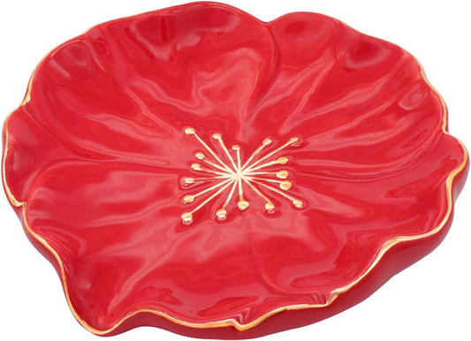Ceramic Self Draining Soap Dish Red Hibiscus Flower Waterfall Soap Dish Soap Savers for Bathroom,Shower,Bar Counter