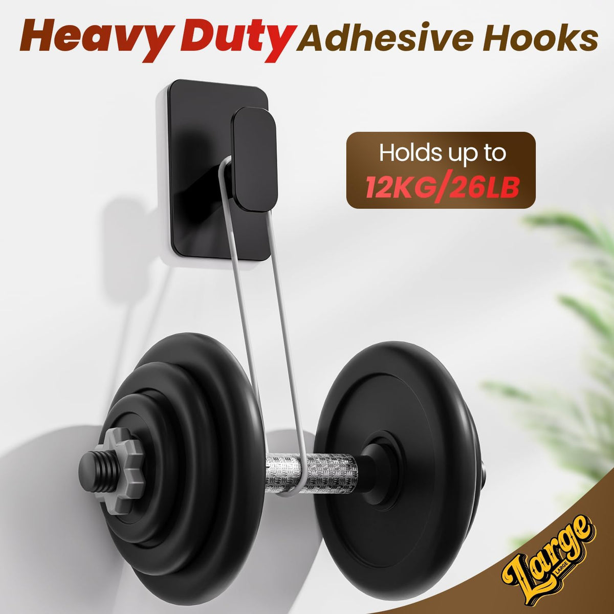 Large Heavy Duty Adhesive Wall Hooks - 26lb Max, Stainless Steel Waterproof Towel Hooks for Hanging Towel, Coat, Robe, Sticky Hooks for Use in Bathroom, Shower, Kitchen, Door(Black, 4 Pack)
