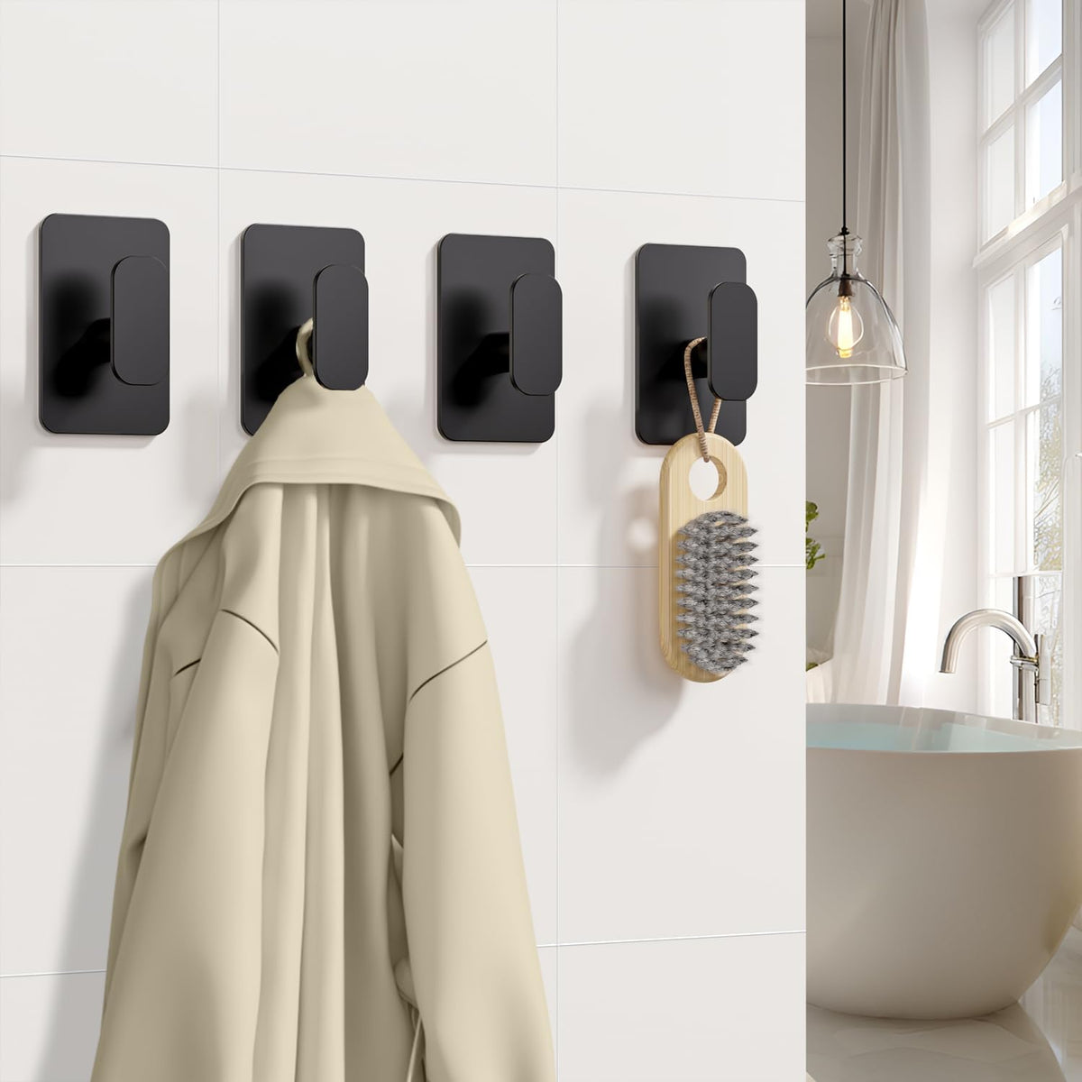 Large Heavy Duty Adhesive Wall Hooks - 26lb Max, Stainless Steel Waterproof Towel Hooks for Hanging Towel, Coat, Robe, Sticky Hooks for Use in Bathroom, Shower, Kitchen, Door(Black, 4 Pack)